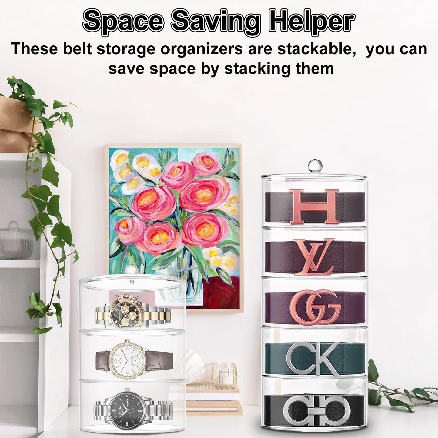 QTLCOHD 5 Layer Acrylic Belt Organizer, Clear Stackable Storage Box for Closet, Drawer, Belts, Watches, Jewelry and Accessories