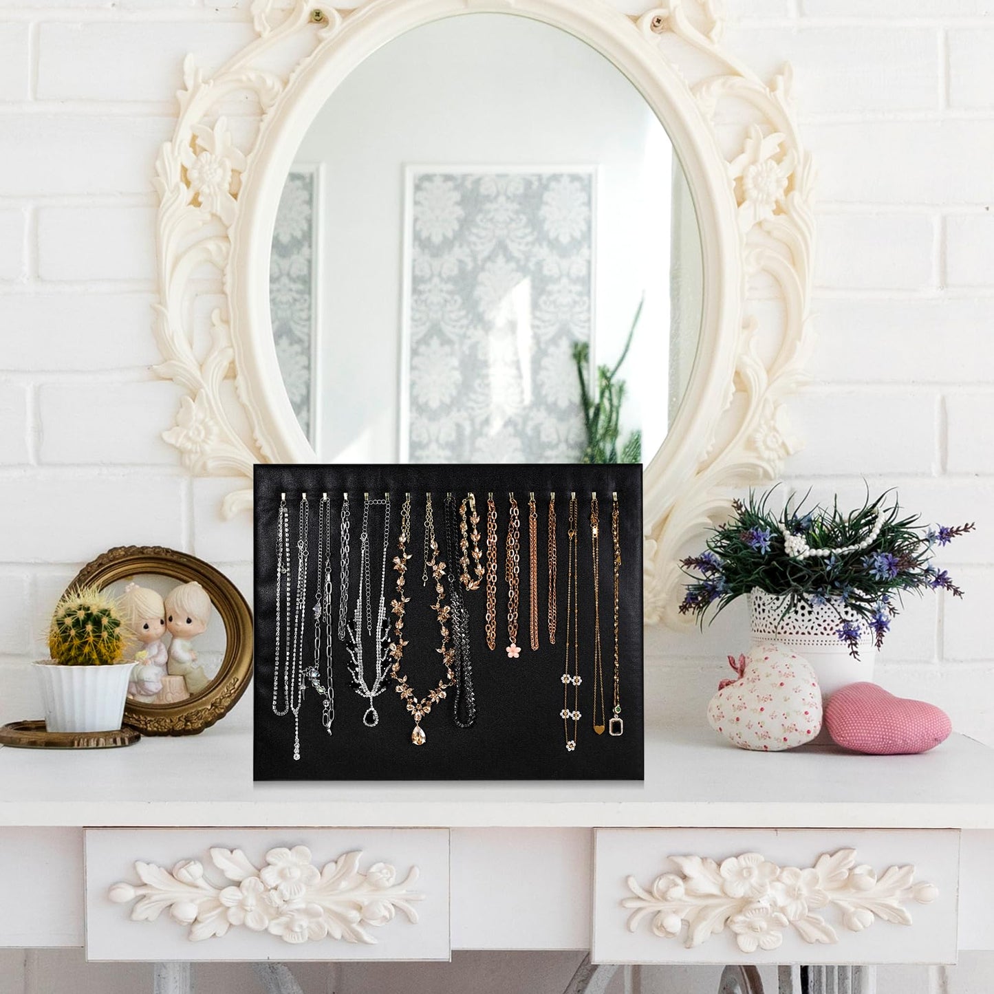 Nodaaiie 4 Pcs Black Jewelry Display Stands, Leather Necklace Organizer Boards with 17 Hooks for Selling, Shop Store Showcase, Chain Pendant Bracelet Storage