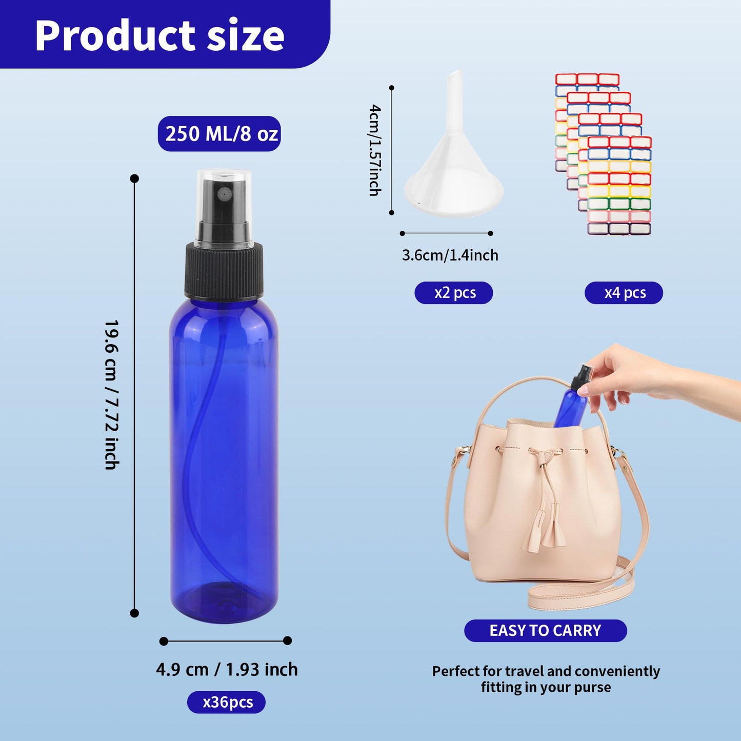 YEUIKERR 36 Pack Blue Plastic Spray Bottles 8 oz Small Spray Bottle Fine Mist Cleaning Spray Bottles, 8 oz Empty Sprays Bottle Bulk for Travel, Essential Oils, Cleaning