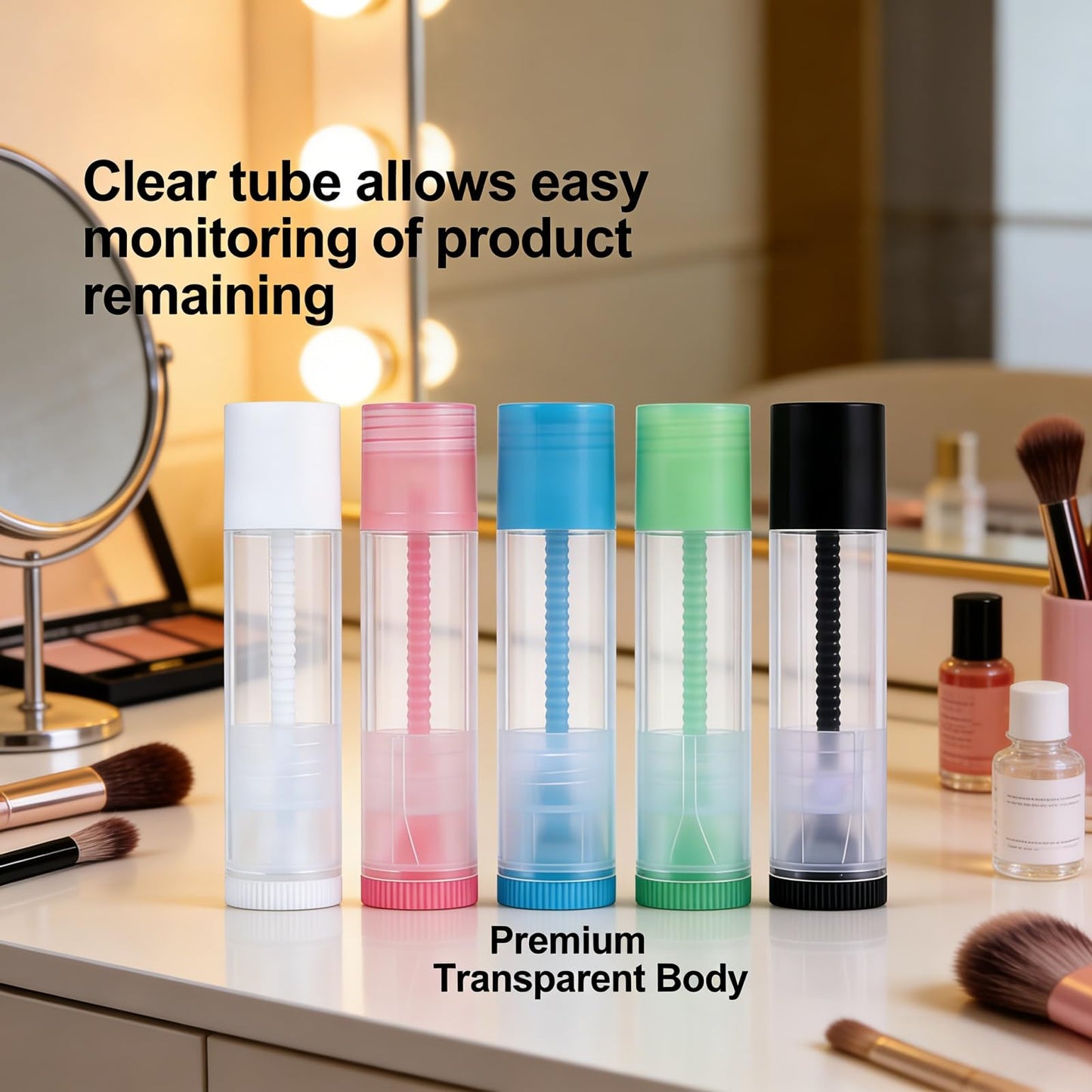 100-Pack Empty Refillable Lipstick Tubes, 0.15oz(5.5 ML) Capacity, Twist-Up Base for DIY Cosmetics, Lip Balm, Solid Perfume, Salve Projects (5 Colors CAP-100P)