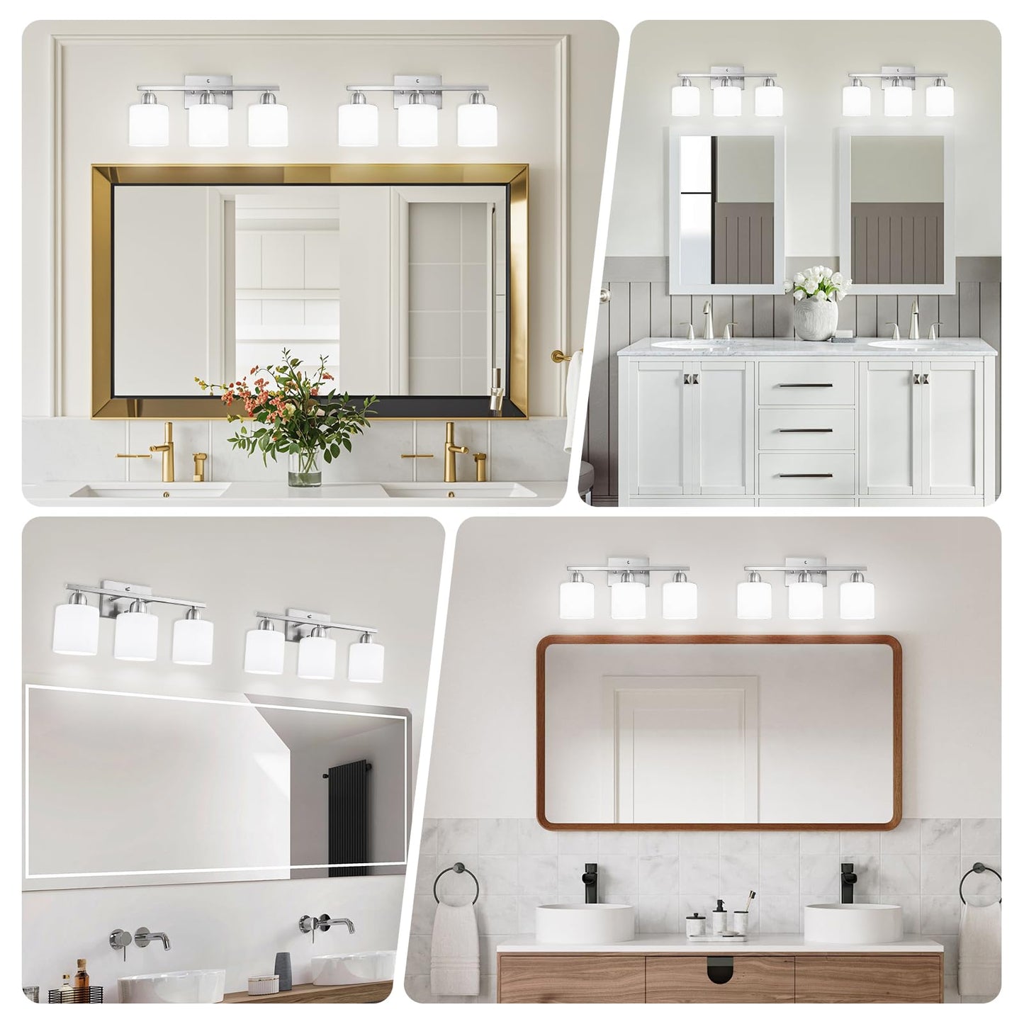 FAISHILAN Brushed Nickel Bathroom Light Fixture, Anti-Rust Finish 3 Light Vanity Lights for Bathroom, Bath Lights with Milky White Frosted Glass Shades, E26 Socket