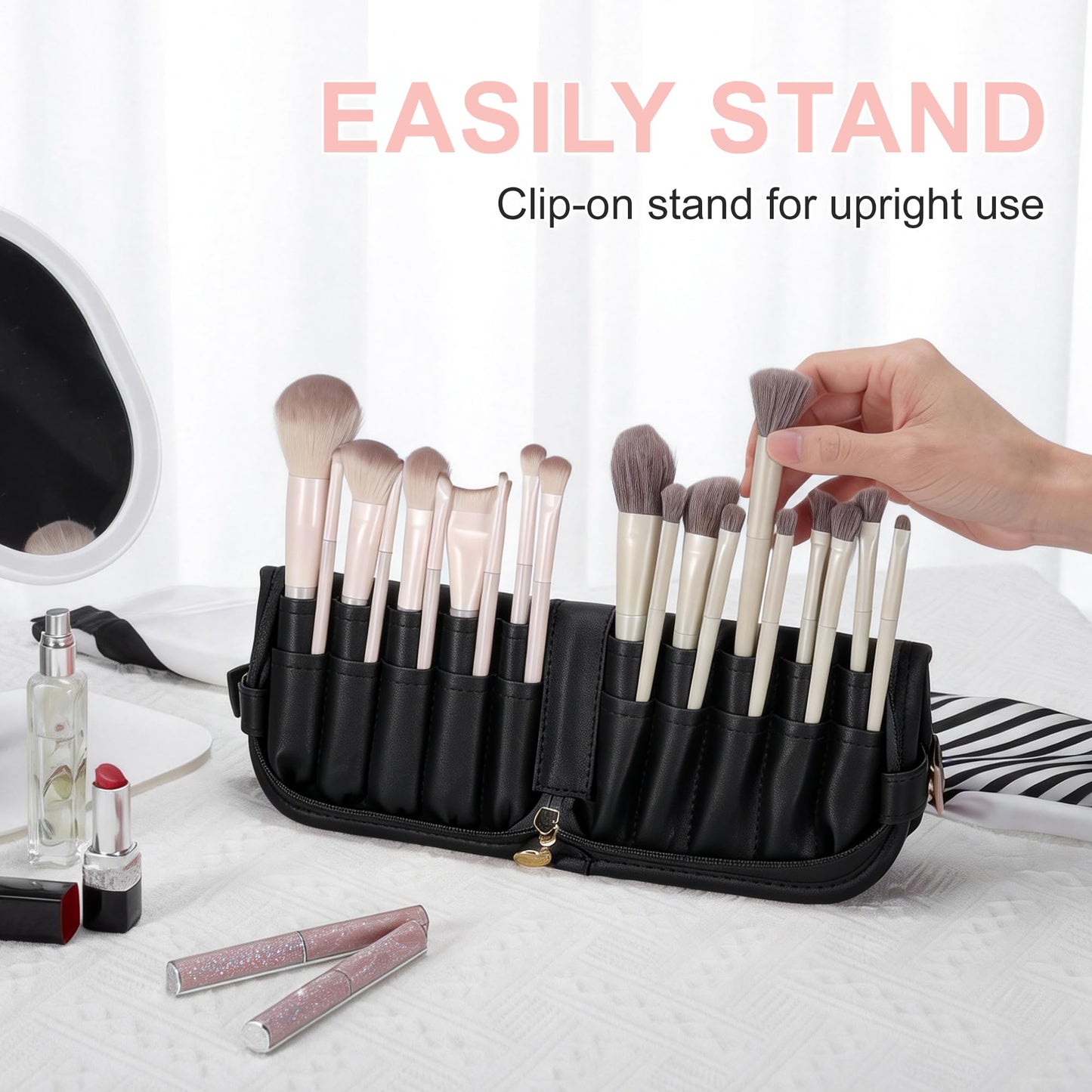 CAPASTEC Makeup Brush Bag, Waterproof Stand-Up Makeup Brush Organizer, Travel-Friendly Design, Black