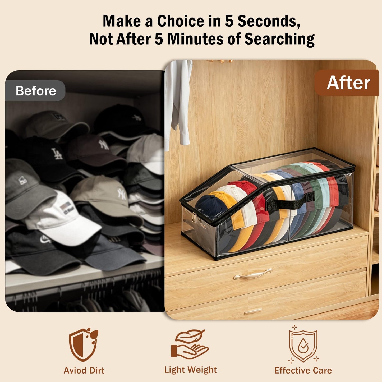 Uawsyut Foldable Clear Baseball Cap Storage Organizer – Stackable Transparent Hat Display Case with Zipper Closure 2PCS– Space-Saving Protective Unit for Baseball Caps & Accessories Black Trim