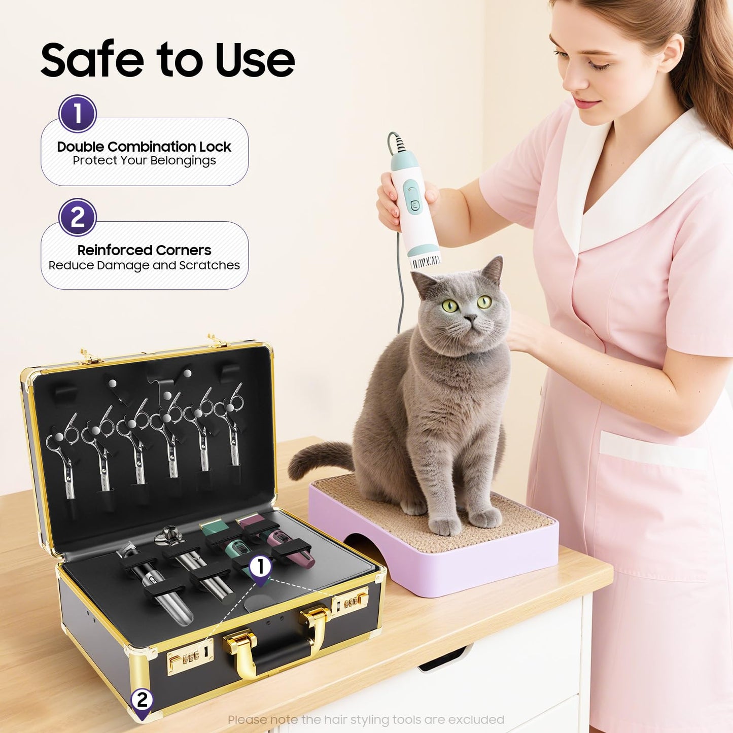 Macahimia Hairdressing Train Case, 15.74x6.49x10.82in Professional Cosmetic Case Organizer with 2 Password locks, Portable Makeup Storage Box, Safety Scissors Hole, Practical Handle