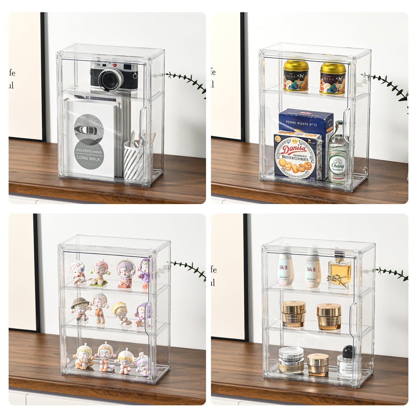 3 Tier Display Case for Collectibles,Clear Display Box with 2 Movable Plates ,Storage Container with Magnetic Door (Large 2 Pack)