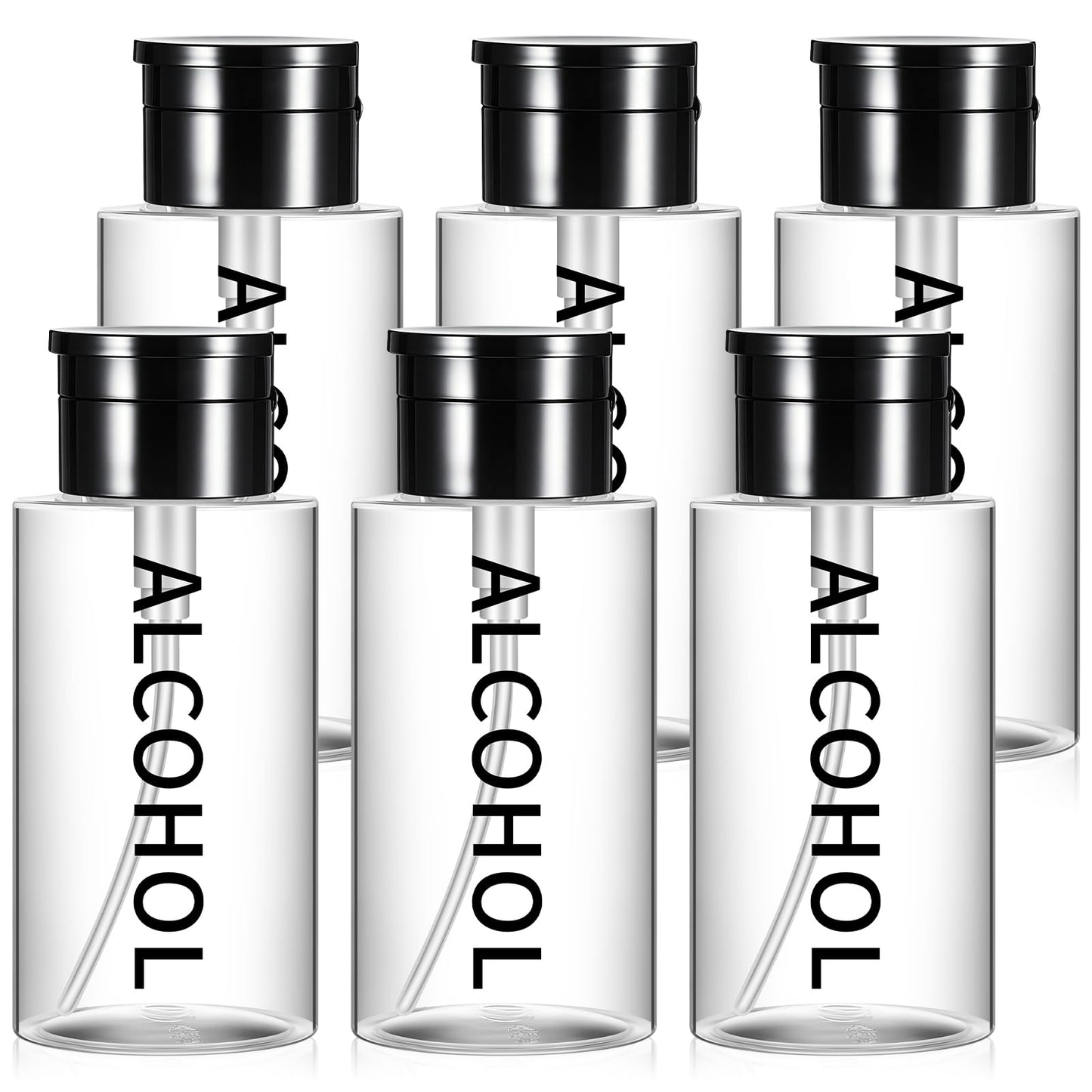 Layhit 6 Pcs 10 oz Alcohol Pump Dispenser Bottles Alcohol Push Down Liquid Dispenser Empty Pumping Bottle Refillable Cosmetic Container for Personal, Salon, Nail Care (Black Cap + Clear Bottle)