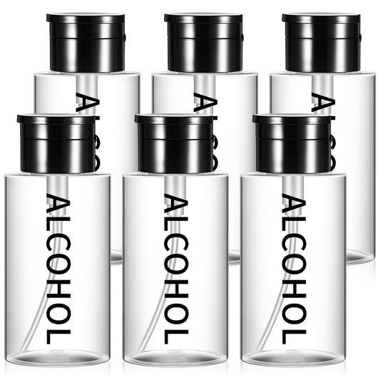 Layhit 6 Pcs 10 oz Alcohol Pump Dispenser Bottles Alcohol Push Down Liquid Dispenser Empty Pumping Bottle Refillable Cosmetic Container for Personal, Salon, Nail Care (Black Cap + Clear Bottle)