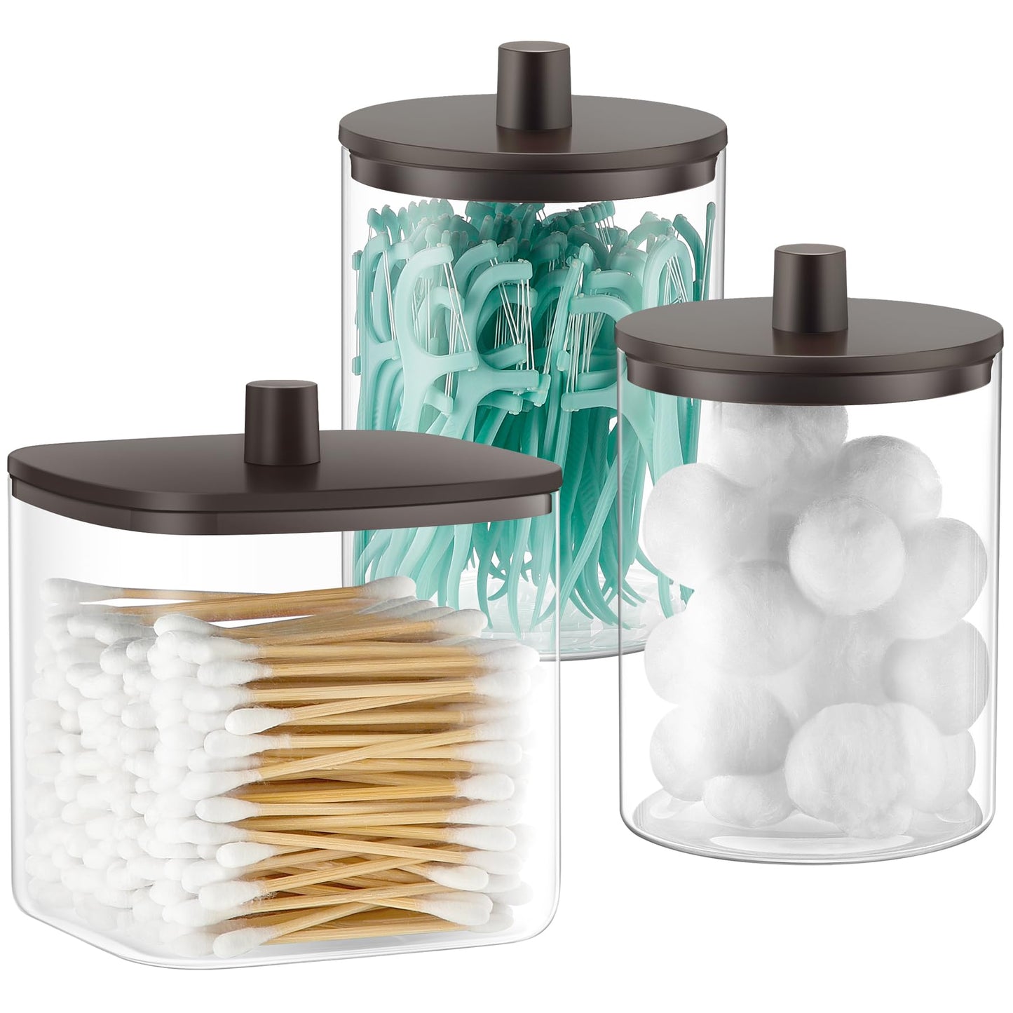 3 Pack Glass Qtip Holder Dispenser- 10 oz Clear Canister Apothecary Jar, Bathroom Vanity Storage Organizer Set for Cotton Swabs, Pads, Floss Picks, Small Containers for Makeup Storage (Brown)