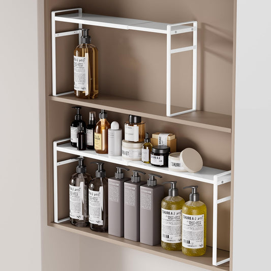 Expandable Medicine Cabinet Organizer, White Heavy-Duty Metal Adjustable Shelf Trays for Bathroom, Kitchen, Narrow Spaces, Space-Saving Storage Solution for Mirror Cabinets, Vanities, and Countertops