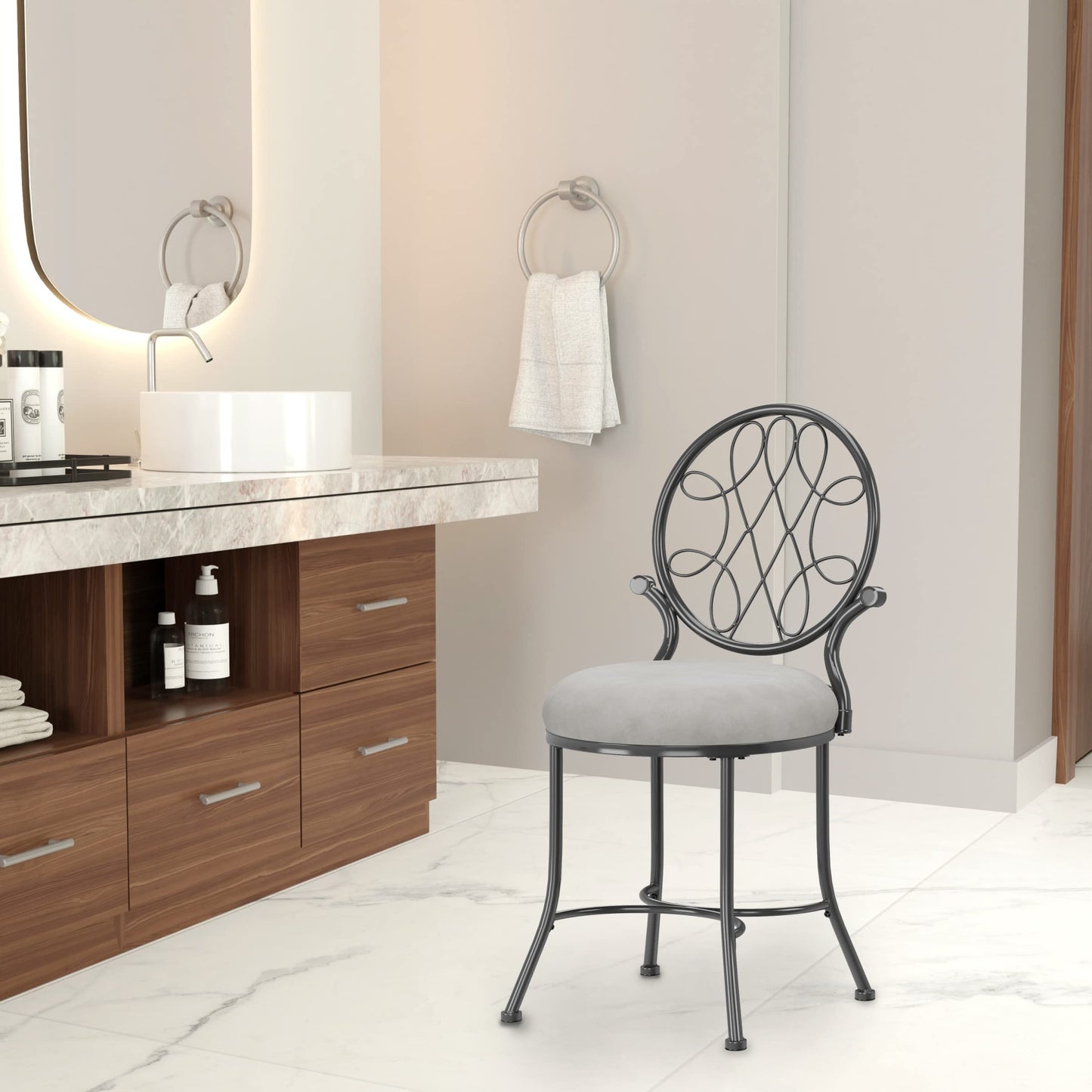 Hillsdale O'Malley Vanity Stool with Spiral Pattern Design, Metallic Gray Fabric