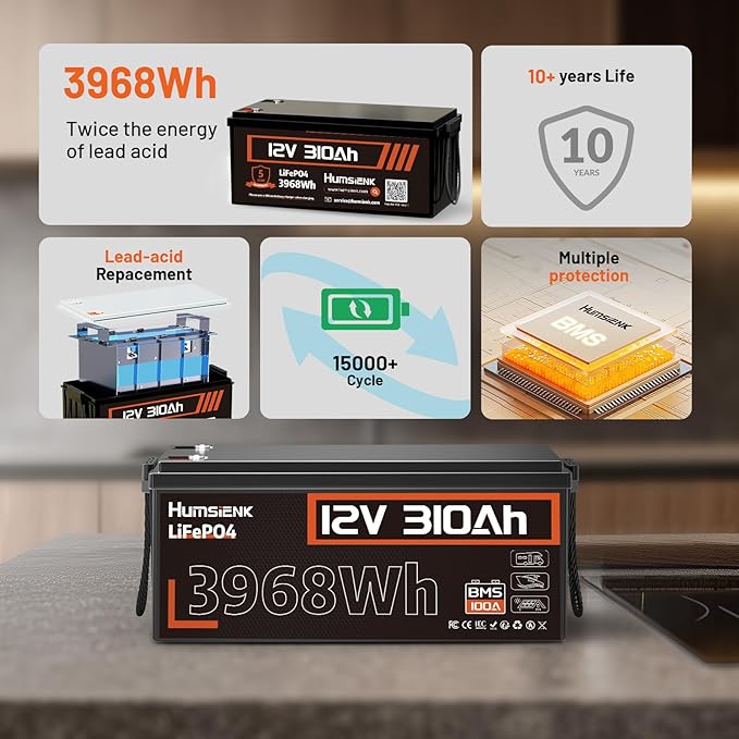 12V 300Ah (310Ah) LiFePO4 Lithium Battery – Max. 3968Wh, 15000+ Deep Cycle Battery 100A BMS, Low-Temp Cut off | A+ Grade Cells for Marine, Trolling Motor, Off-Grid Home Energy Storage, Van Life-2 PACK