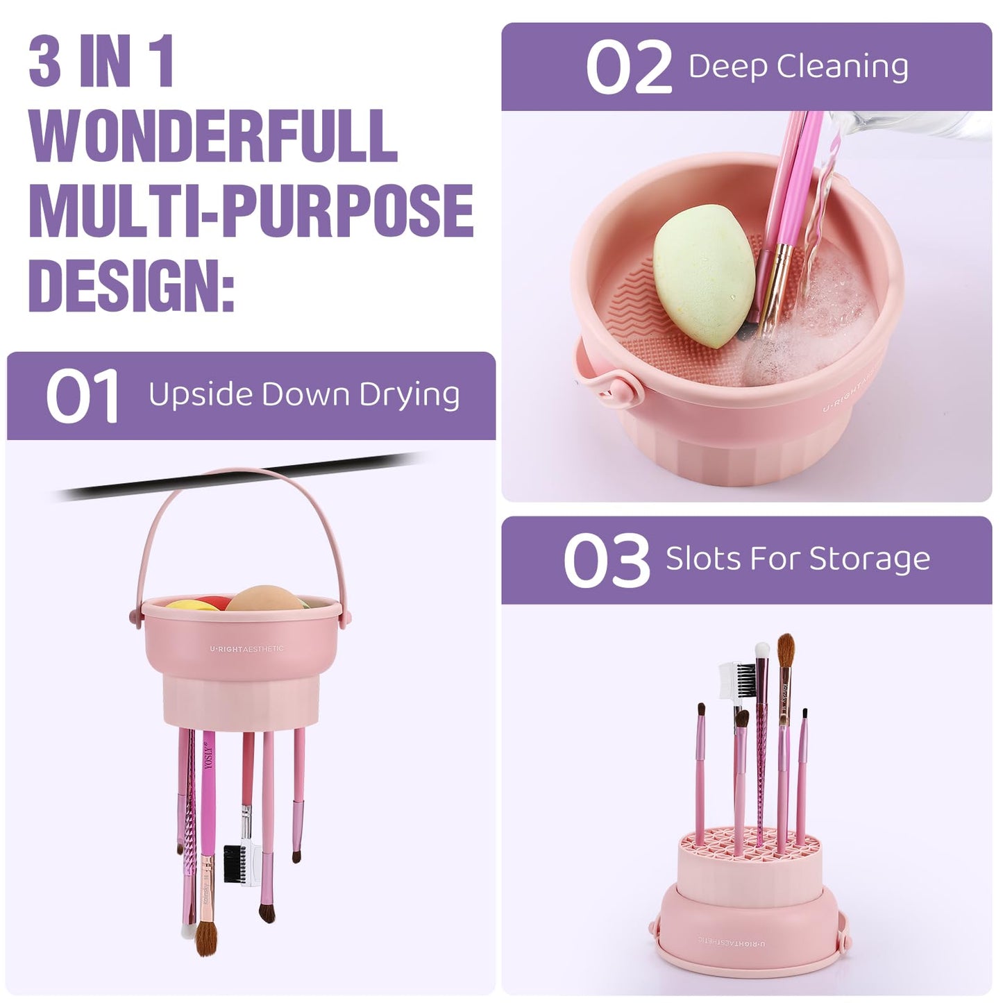 GOLIKEE 2 Pack Makeup Brush Cleaner Mat 3 in 1 Silicone Makeup Brush Cleaner Makeup Brush Cleaning Bowl Makeup Brush Sponge Scrubber Tool for Cleaning, Storage And Upside Down Drying（Two Pink