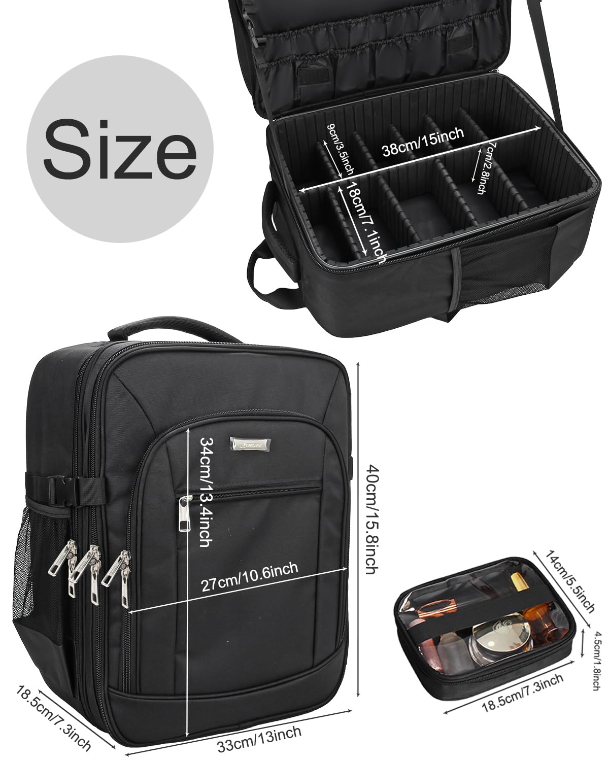 TANTO Makeup Backpack, Makeup Artist Bag Professional Cosmetic Bag with 4 Bag Extra Large Travel Train Case Double-Layer Make up Storage Organizer Cosmetic Brush Case with Adjustable Divider (Black