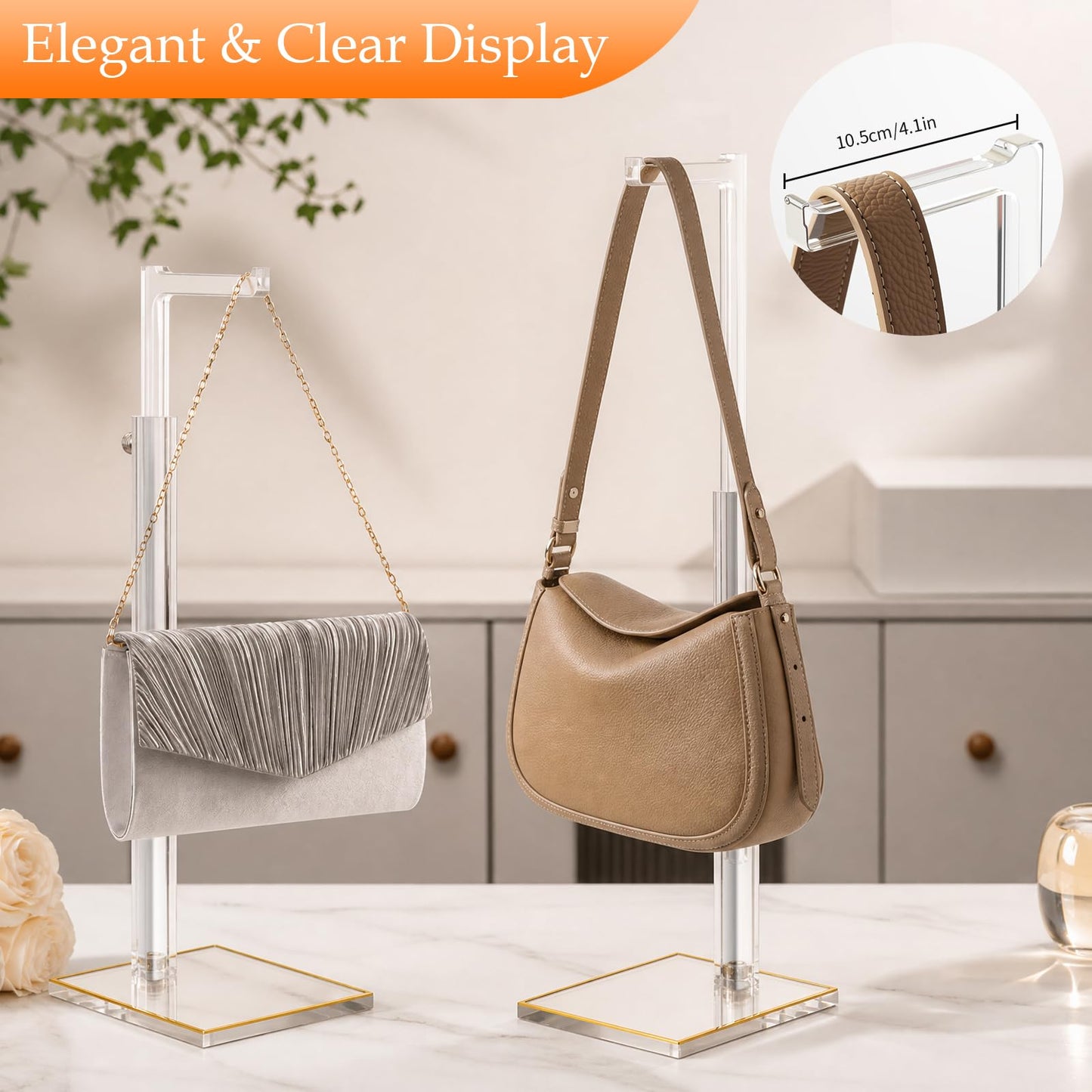 Perposnow Adjustable Purse Display Stands, 2Pcs 14"-24" Height Acrylic Handbag Holder, Durable Evening Bag Rack with Gold Trim Base, Clear Single Hook Purse Stand for Retail Boutique Vendor Closet