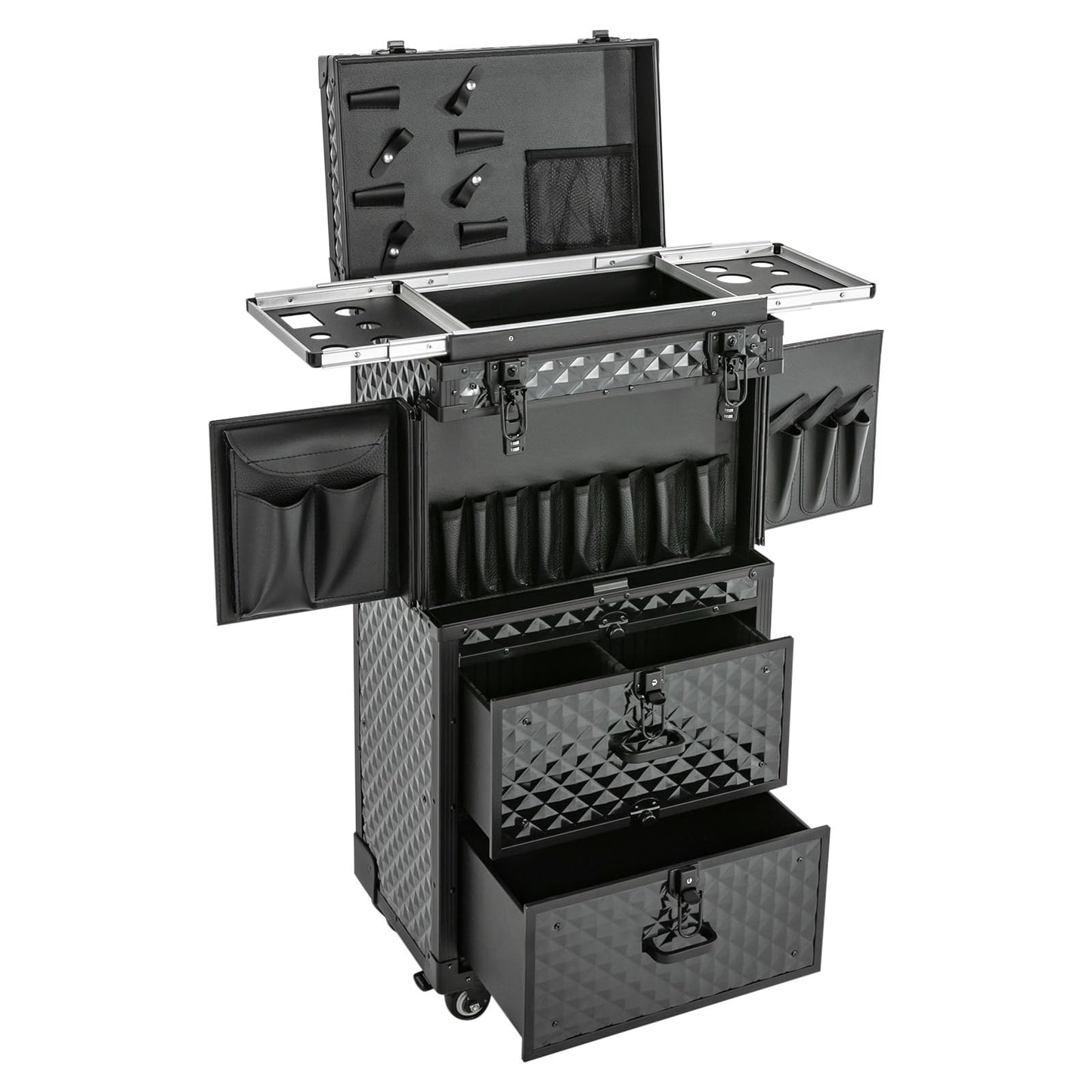 Kebayuneth Rolling Lockable Makeup Train Case, Hairdressing Travel Case with Wheels, Large Storage Cosmetic Trolley Makeup Rolling Train Case with Hairdryer Holder for Families, Barber Stores