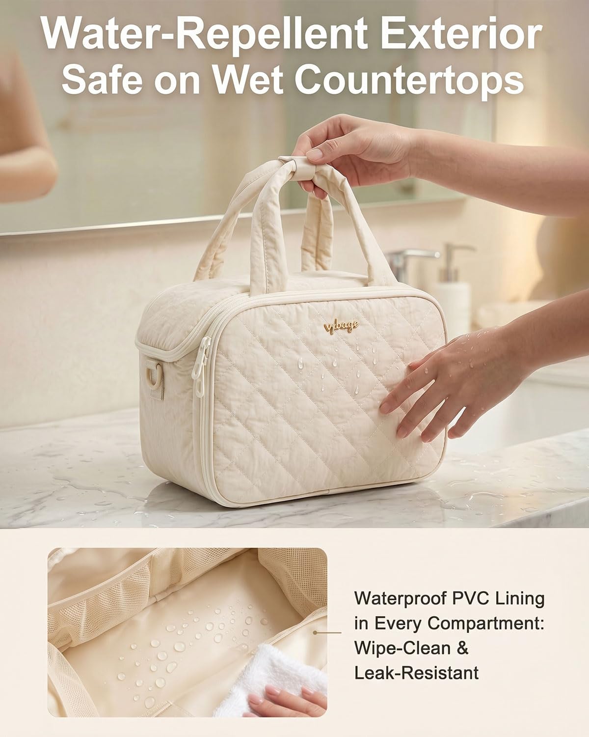 VPBAGE Large Quilted Toiletry Bag for Women, Puffy Travel Makeup Organizer with Removable Divider & Shoulder Strap, Waterproof Standing Cosmetic Case for Full-Size Toiletries, Gym, Vacation