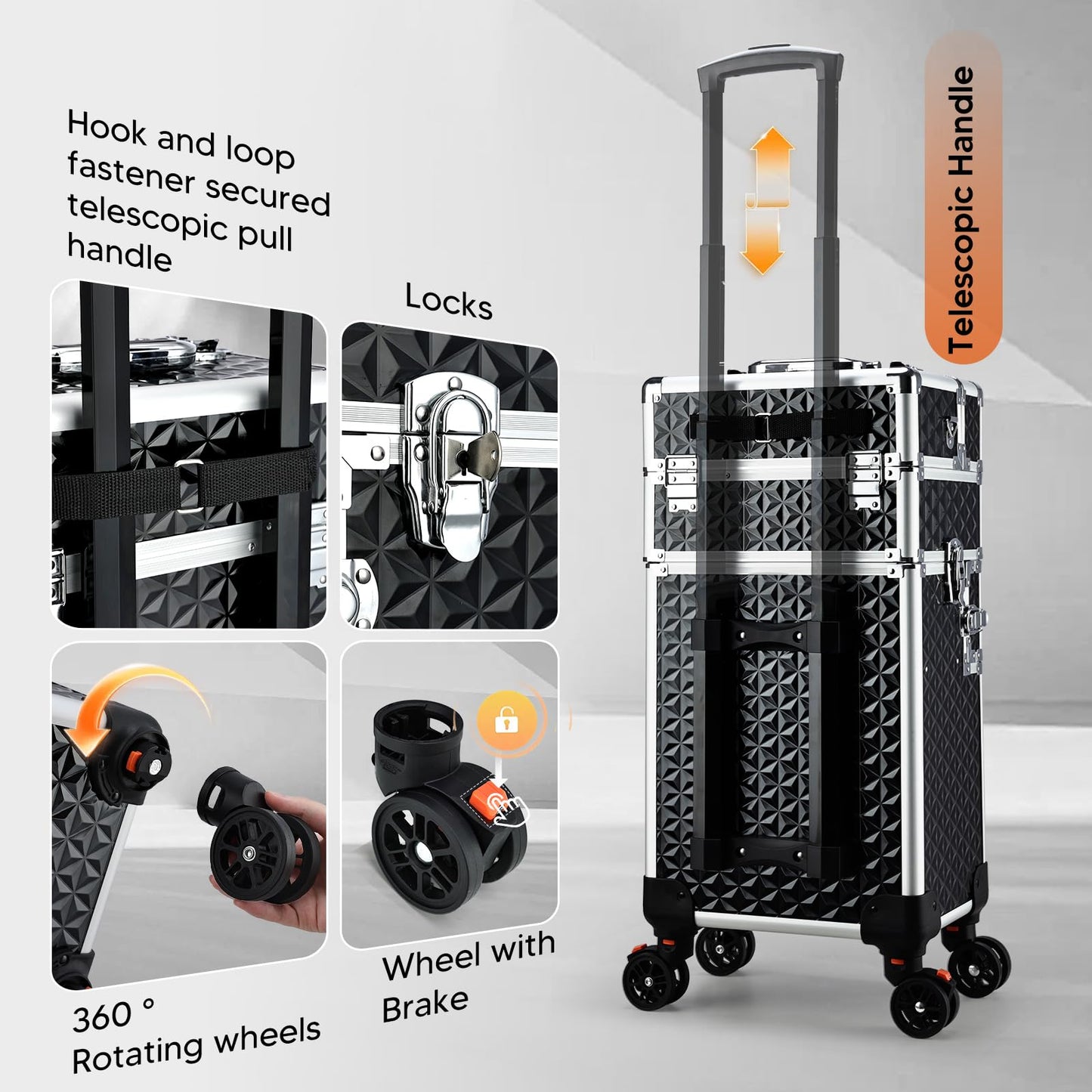 Professional Rolling Makeup Case, 3 in 1 Makeup Train Case, Cosmetology Case on Wheels, Large Makeup Trolley Salon Barber Traveling Trunk Suitcase for Makeup School Nail Tech Hairstylist MUA, Black