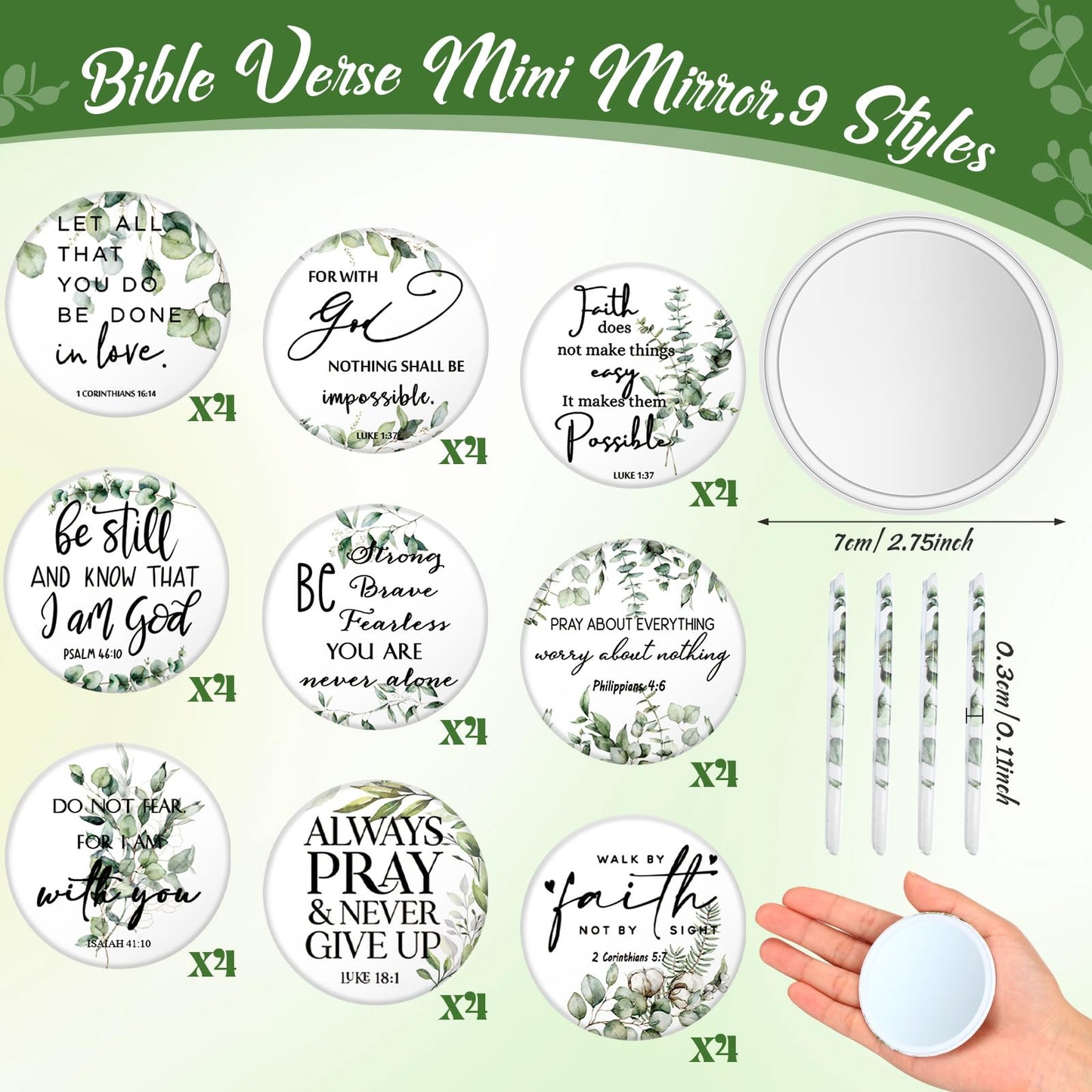 GlikCeil 36 Pcs Christian Compact Mirror Bulk for Women Inspirational Bible Verse Pocket Mirrors Mini Purse Makeup Mirror Christian Church Gift for Women VBS Church Party Favors