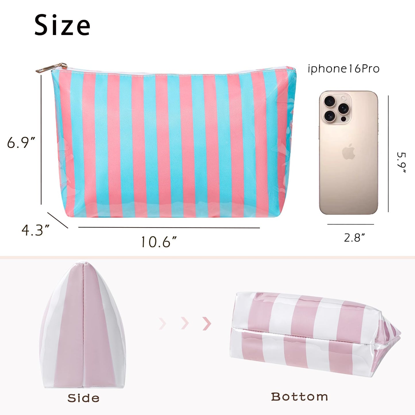 Lestikave Large PVC Waterproof Striped Makeup Bag,Clear Coated Cosmetic Bags,Easy to Clean,Travel Organizer Zipper Pouch Beach Vacation Essentials for Women Girls(12Pink Blue)