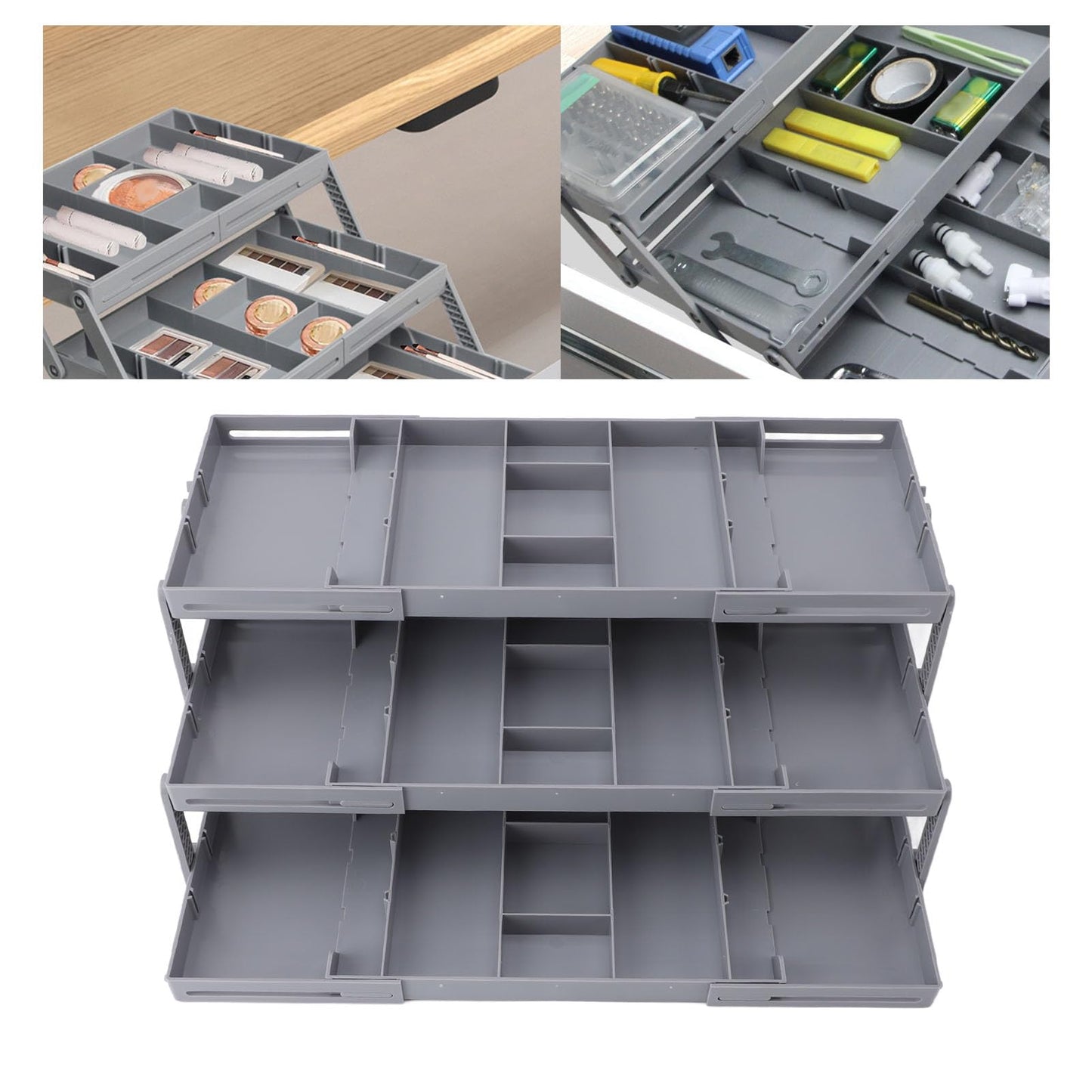 Drawer Organizer, Multi Layer Drawer Foldable Storage Box for Dresser Bathroom Kitchen Office, Expandable Folding Jewelry Organizer Tray (3 Layers)