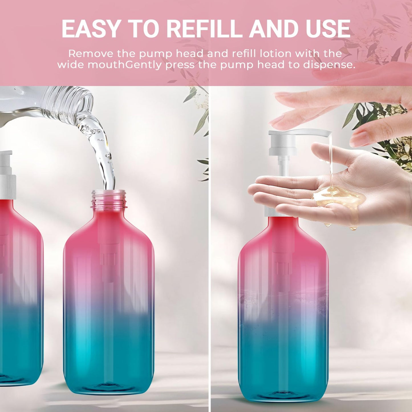 500ml Refillable Plastic Bottles with Pump Dispenser – 3 Pack Gradient Containers, BPA/Paraben-Free, Ideal for Travel Toiletries, Includes Labels