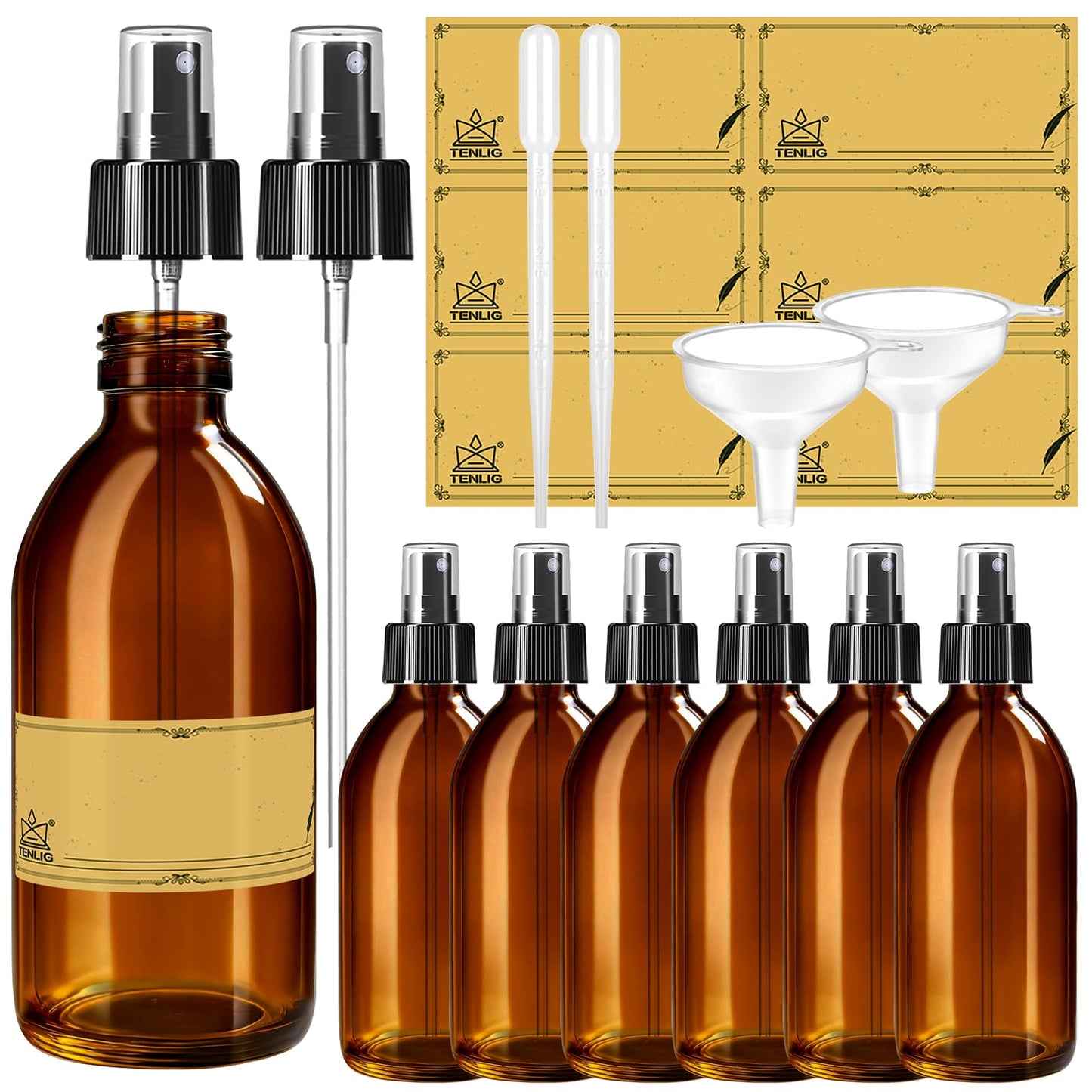 TENLIG 5oz Amber Glass Spray Bottles,6 Pack Small Refillable, for Essential Oils,Cleaning Solutions,Fine Mist for Hair,Facial Hydration,Aromatherapy,Plants,with Durable Nozzle,Labels,Pipettes,Funnels