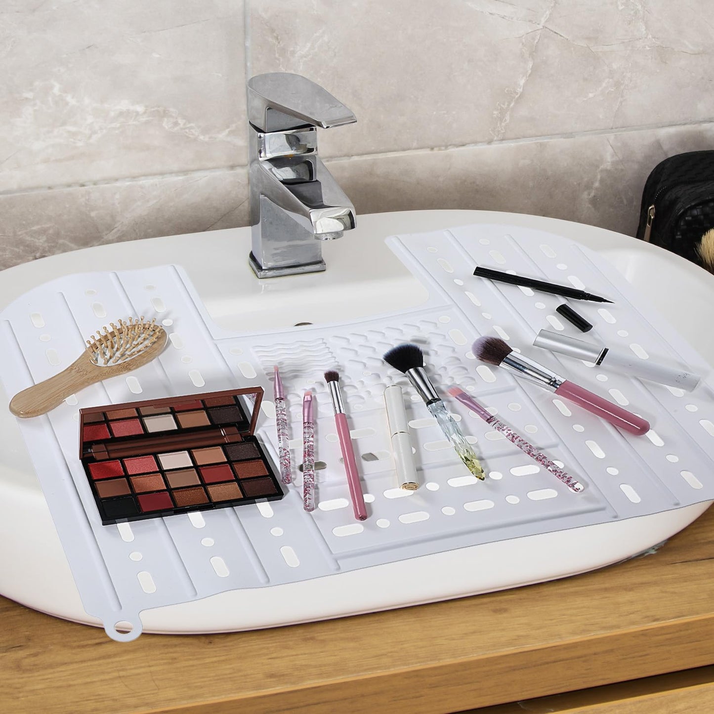 Foldable Sink Cover - Silicone Beauty Makeup Brush Cleaning Mat Tools Organizer with Hanging Loop - for Extra Space & Storage Saver - White