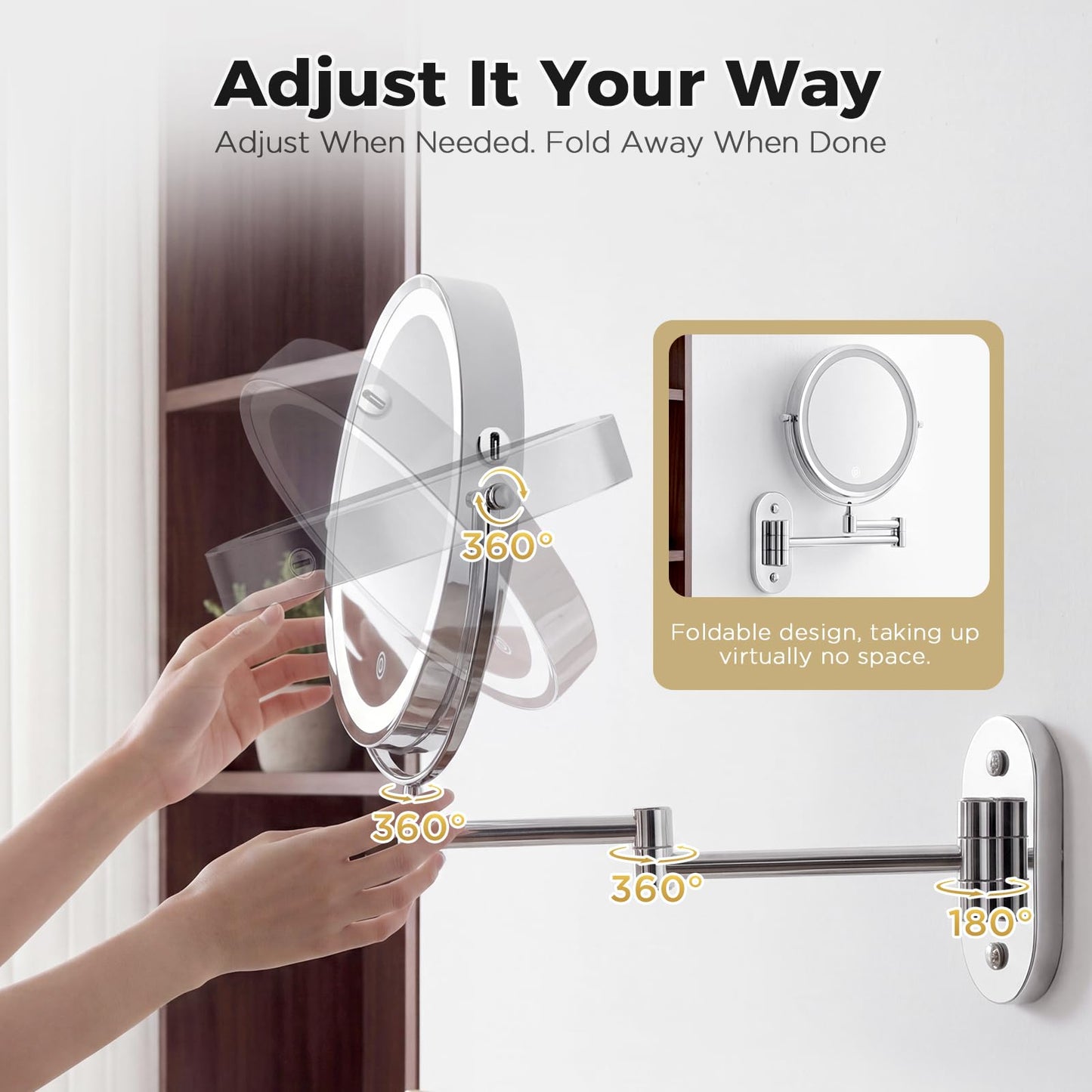 tubbede Wall Mounted Makeup Mirror with Light, 8 Inch 1X/30X Magnifying Mirror, Rechargeable 4000mAh, Double Sided, Extendable Arm, 360° Swivel Bathroom Mirror