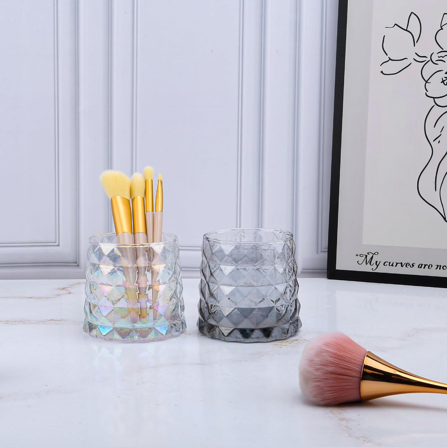 DASITON Glass Makeup Brush Holder Organizer, Diamond Pattern Cosmetic Storage Cup, Makeup Organizer for Vanity, Bathroom Countertop Toothbrush Holder, Desk Pen Pencil Holder (Grey)