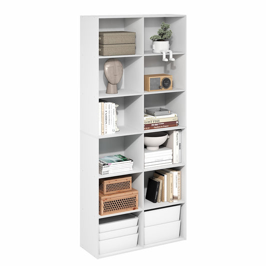 Furinno Basic Book Shelf, 12-Cube Bookshelf, Bookcase with Open Shelf, Cube Storage Organizer, 12 x 32 x 71, for Living Room, Home Office, White