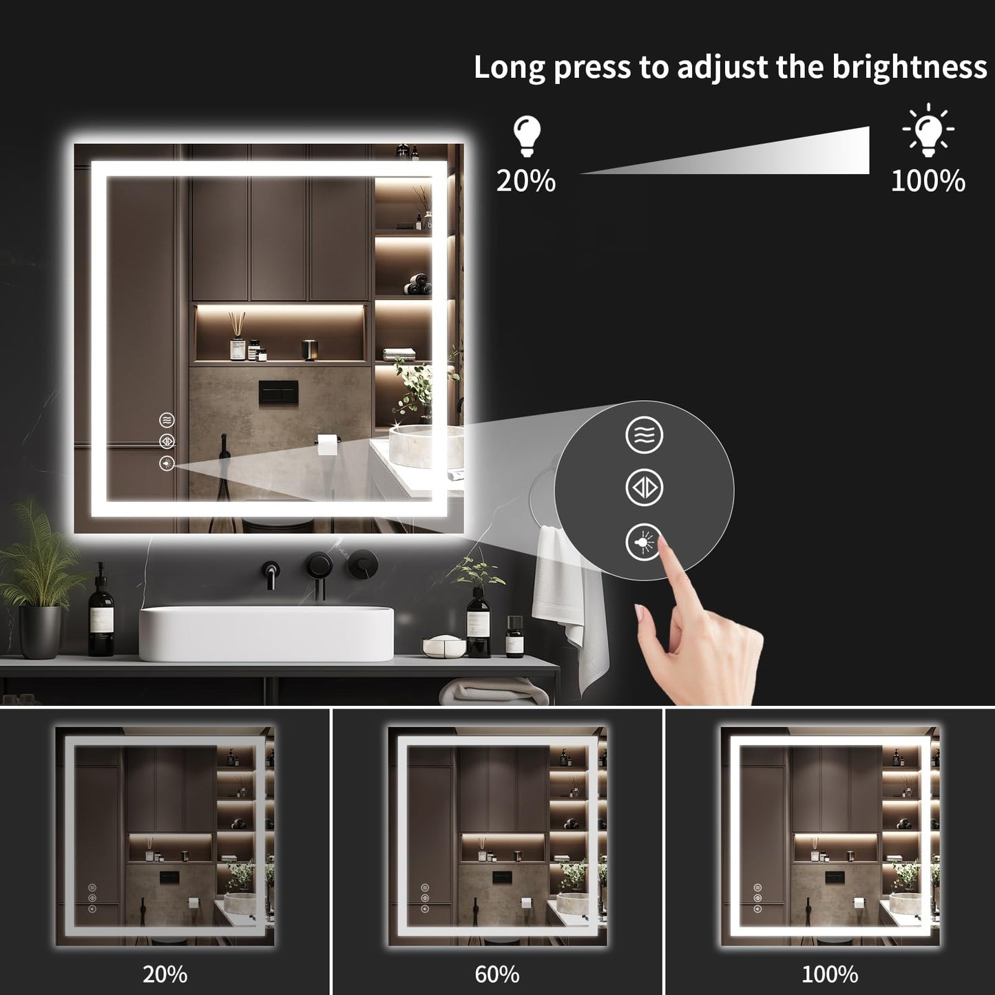 WISSMIELS 30"x30" LED Bathroom Mirror with Lights, Dimmable，Anti-Fog，Bathroom Vanity Mirror for Wall, Backlit + Front Lit, Memory Function, Shatter-Proof，Tempered Glass