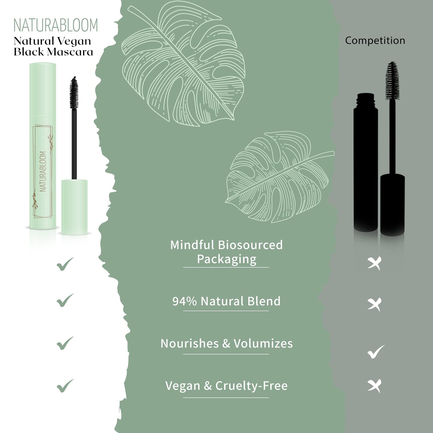 NATURABLOOM Natural Vegan Black Mascara With Jojoba - Extra Volume and Length For Stunning Lashes - Hypoallergenic, Smudge-proof & Long-lasting mascara - Organic, Cruelty-Free - Made in Italy 9.5ml