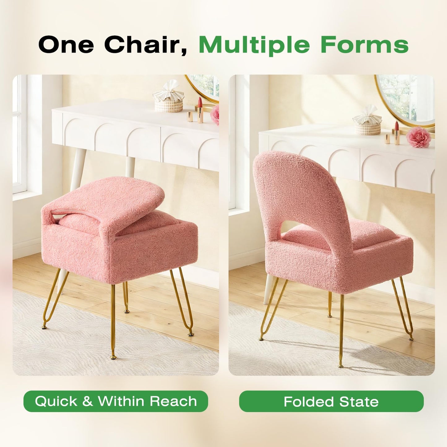 Furnistyle Vanity Chair with Storage & Folding Backrest, Cute Pink Faux Fur Vanity Stool, Comfy Padded Make Chair for Makeup Bedroom, Adjustable Back & Plush Cushion Seat,16.6" Wide 11L Storage Space