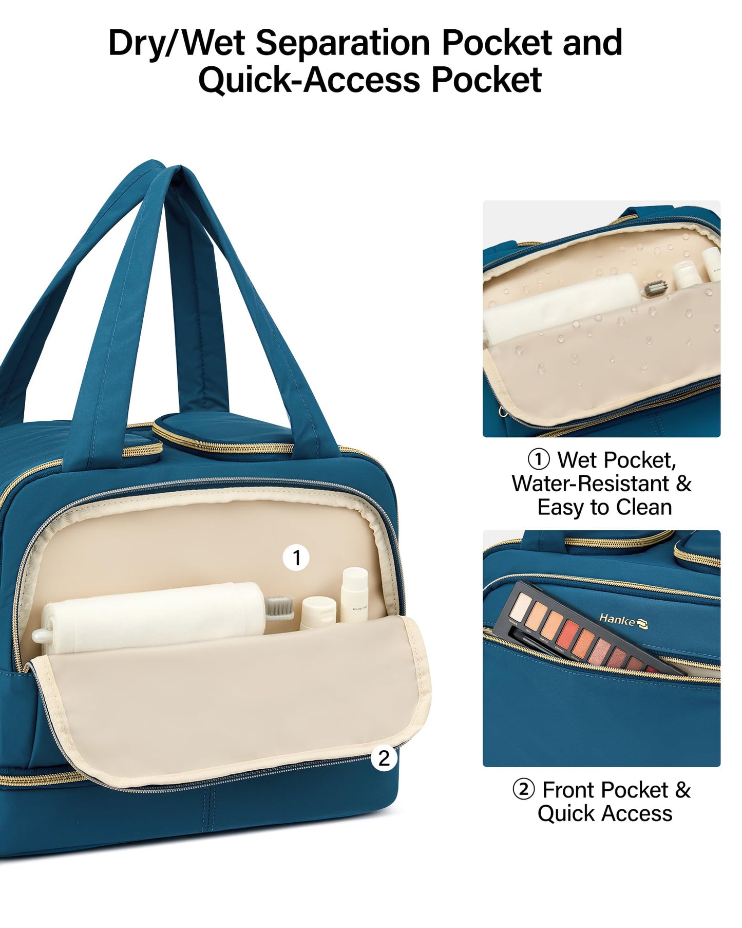 Hanke Travel Toiletry Bag, Lightweight Wide-open Large Toiletry Bags for Women, Dual-Layer Makeup Bag Water-Resistant Cosmetic Travel Bag with Handle for Accessories, Essentials, Navy Blue