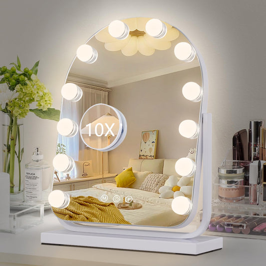 homtang Makeup Mirror with Lights-3 Modes,Smart Touch Control,Detachable 10X Magnification,15.7"×11.8" Hollywood Vanity,360° Rotation （White）