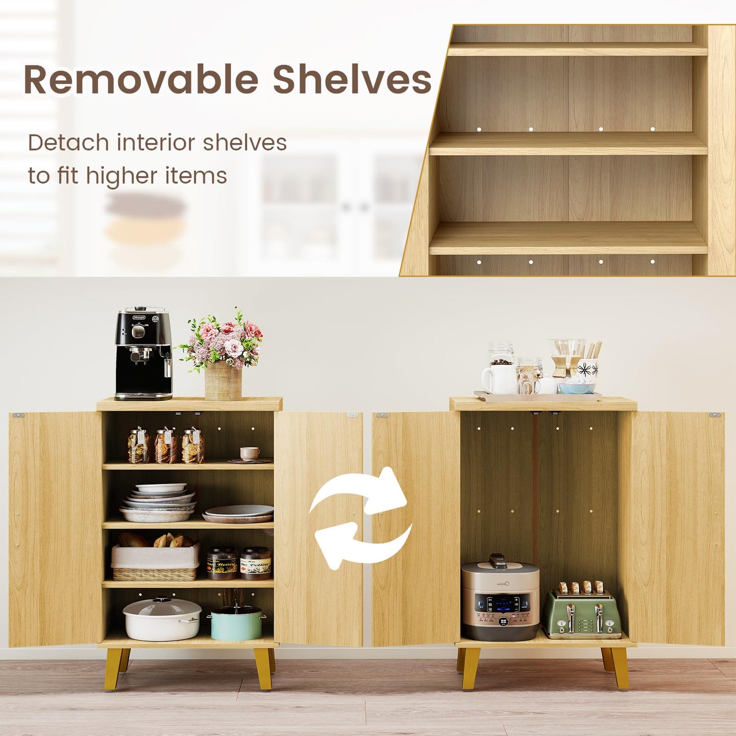 LOKO 2-Door Buffet Cabinet, Modern Storage Cabinet with 3 Detachable Shelves, Exquisite Handles, Raised Legs, Freestanding Sideboard for Kitchen, Pantry, Dining Room, Living Room, Natural