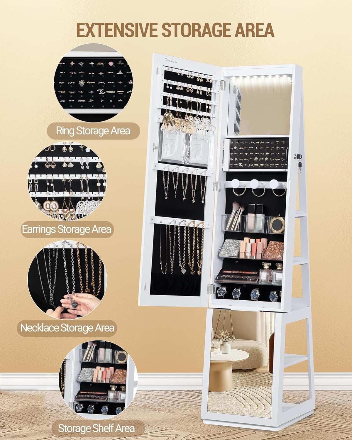 Hzuaneri 16 LEDs Jewelry Cabinet Armoire, Standing Jewelry Organizer with 360° Rotating Base, Lockable Full-length Mirror, 5-tier Storage Shelves, 4-in-1 Design, 61.5" H, White and Black JC15903B