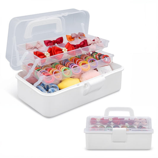 neotidy Hair Accessories Organizer for Girls, 3 Layer Hair Organizer Storage Box with Dividers & Handle, Hair Tie Organizer & Hair Product Organizer Case, Kids Hair Accessories Organizer, White