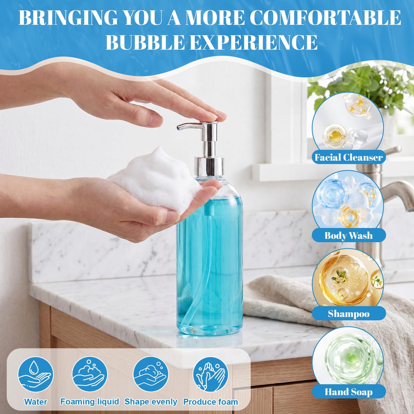 Domensi 18 Pcs 16 oz Clear Plastic Soap Dispenser Bottles with Pump, Refillable Foaming Soap Dispenser, Portable Shampoo Cylinder Bottles for Lotion, Shampoo, Kitchen, Bathroom & Travel Use