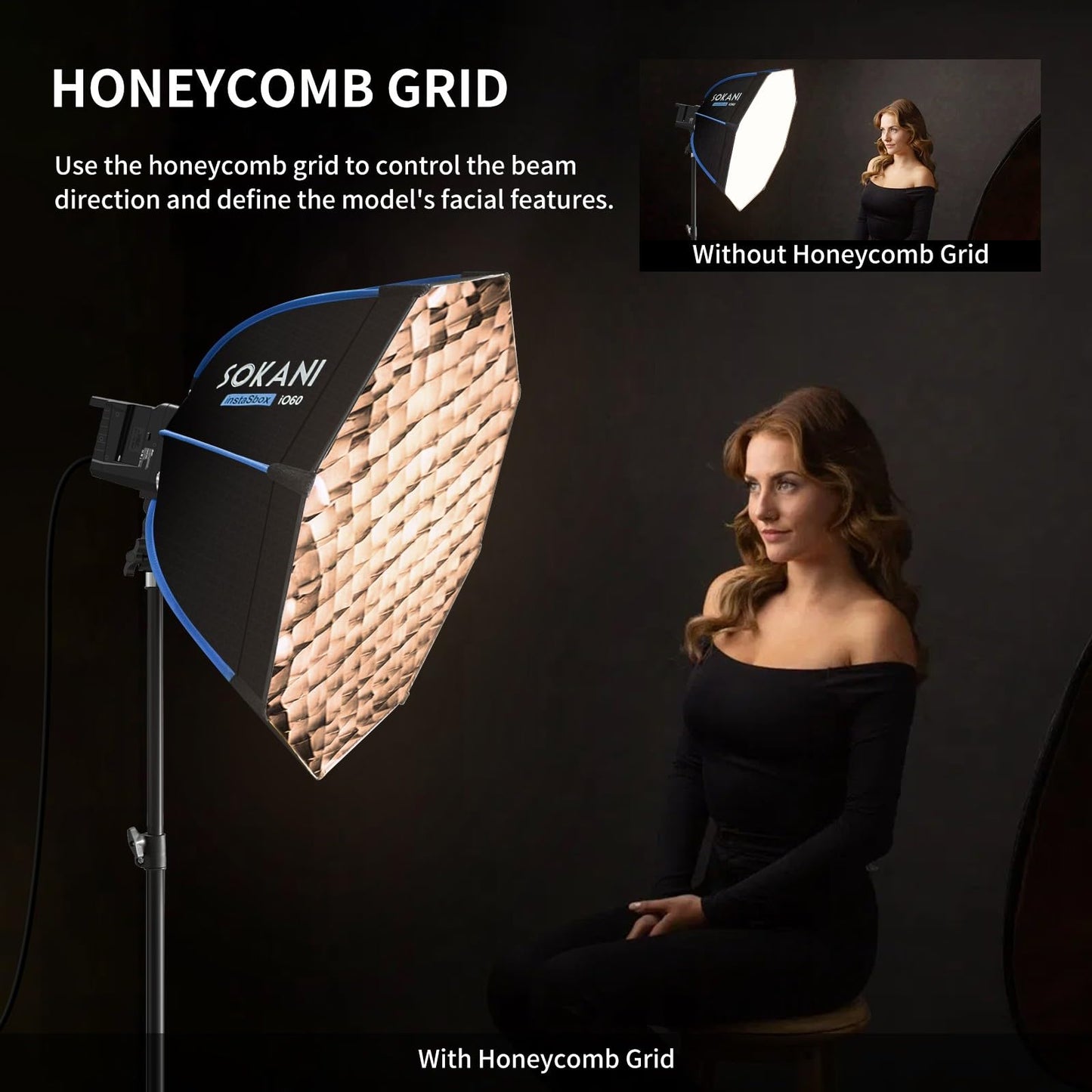 Sokani 23.6"/60cm Octagonal Softbox, Bowens Mount with Honeycomb Grid