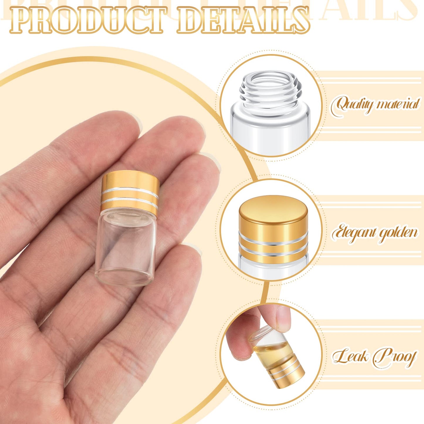 Didaey 50 Pcs Mini Glass Bottles with Screw Caps, Tiny Glass Jars with Lids, Small Clear Vial Containers, Empty Wishing Gift Bottles Jars Tiny Vials Containers for DIY Storage Art Craft (2ml,Gold)