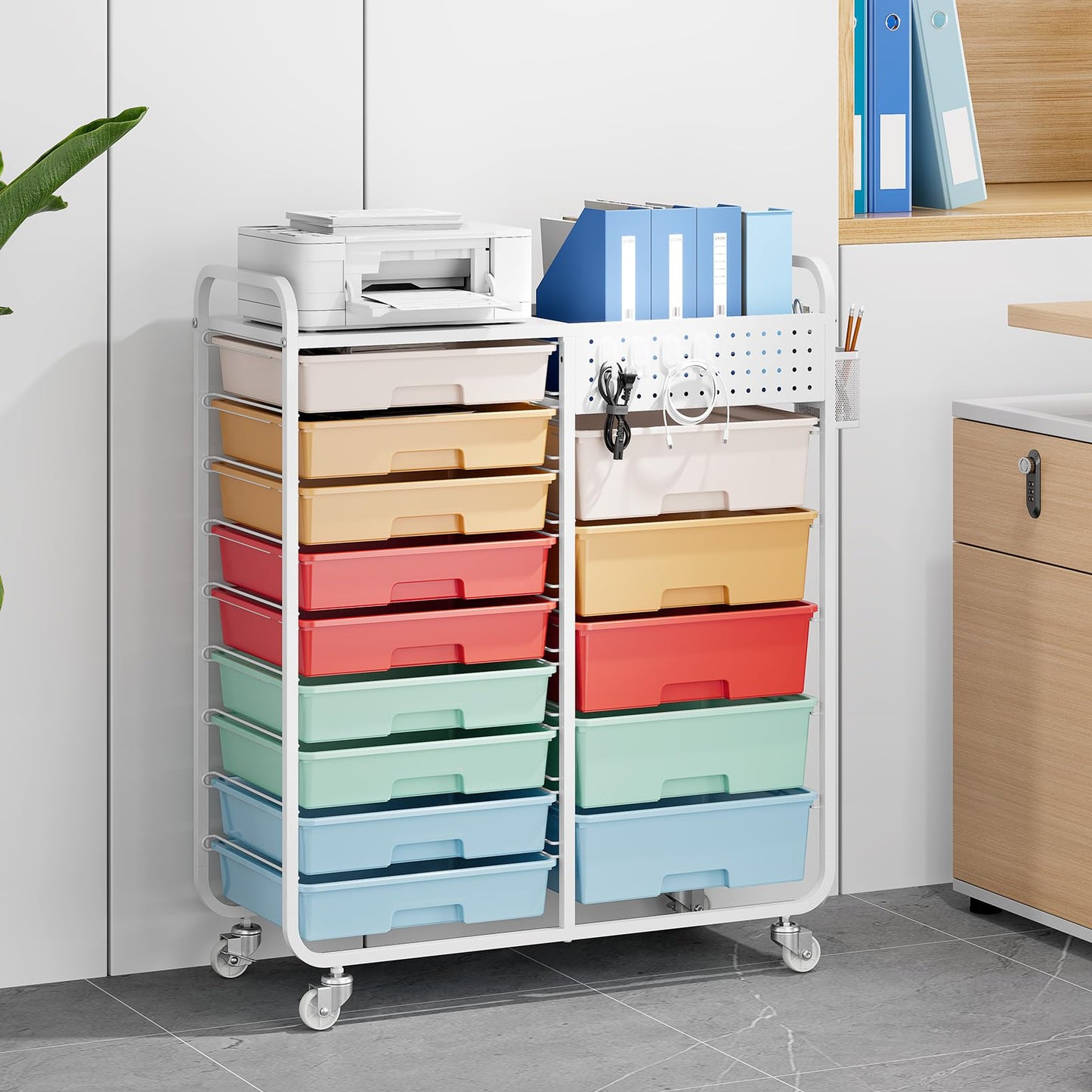 Rolling Storage Cart with 14 Drawers, Storage Organizer Cart with Tabletop and Pegboard,Utility Cart for Living Room, Classroom, Bedroom,Bathroom,Dorm,Office (Rainbow)