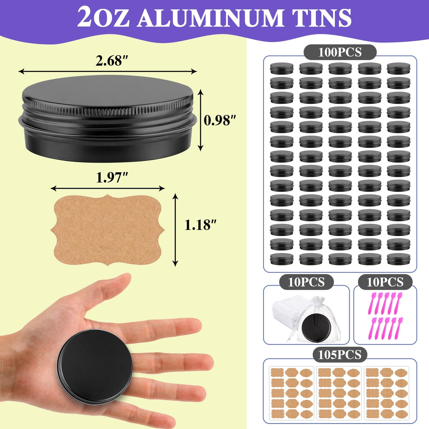 DPLASKA 100pcs 2 Oz Aluminum Metal Tins with Screw Lids Round Empty Salve Tin Cans Jars DIY Candle Containers for Lotion Bars, Balms, Spices, Crafts with Labels, Spatulas & Organza Bags (Black)