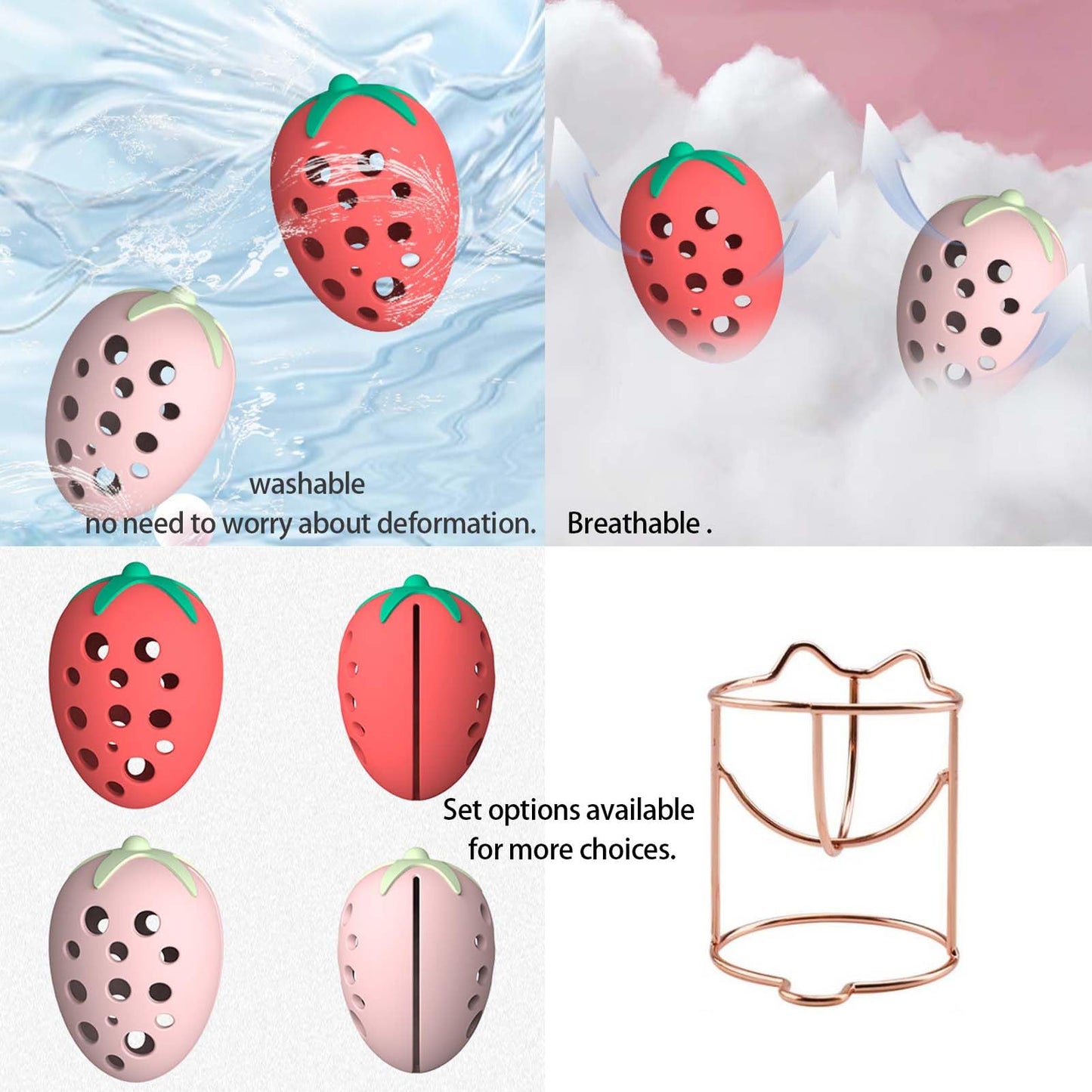 KoiKoiii,Makeup Sponge Holder Strawberry-shaped Stylish Cosmetic Sponge Storage Case Stainless Steel Makeup Tool Compact & Lightweight Travel-Friendly Cute & Portable Silicone (C「Red + Rose Gold」)
