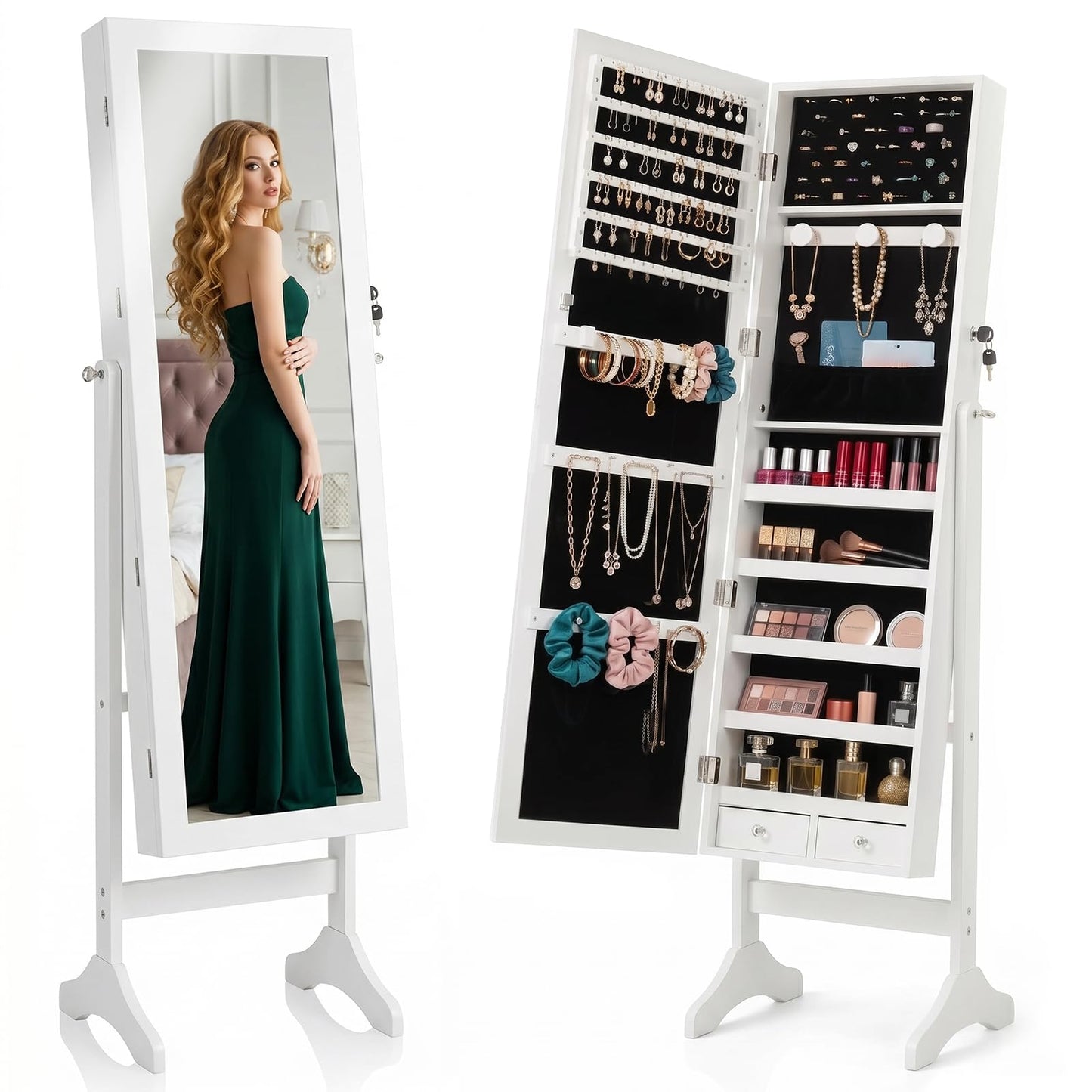 Freestanding Jewelry Armoire Cabinet, 47.3" Full Length Mirror Jewelry Organizer, Lockable Standing Jewelry Storage Cabinet with Velvet Lining, Makeup Organizer with Adjustable Angles (White)
