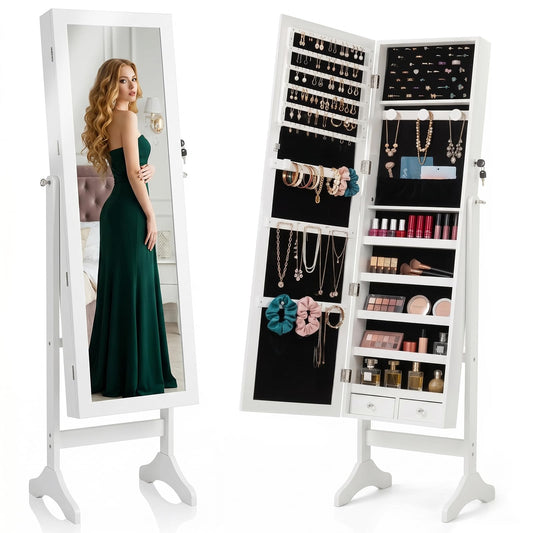 Freestanding Jewelry Armoire Cabinet, 47.3" Full Length Mirror Jewelry Organizer, Lockable Standing Jewelry Storage Cabinet with Velvet Lining, Makeup Organizer with Adjustable Angles (White)