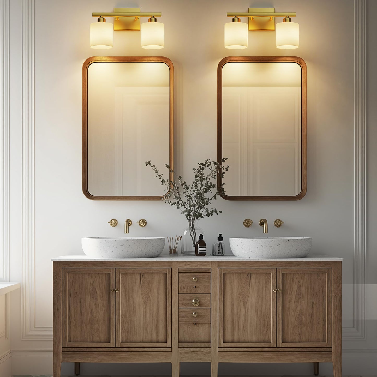 PARTPHONER Bathroom Light Fixtures, Bathroom Lighting Fixtures Over Mirror, Interior Classic Vanity Lights, Modern Vanity Light with Textured White Glass Shade, Brushed Gold, 2-Light