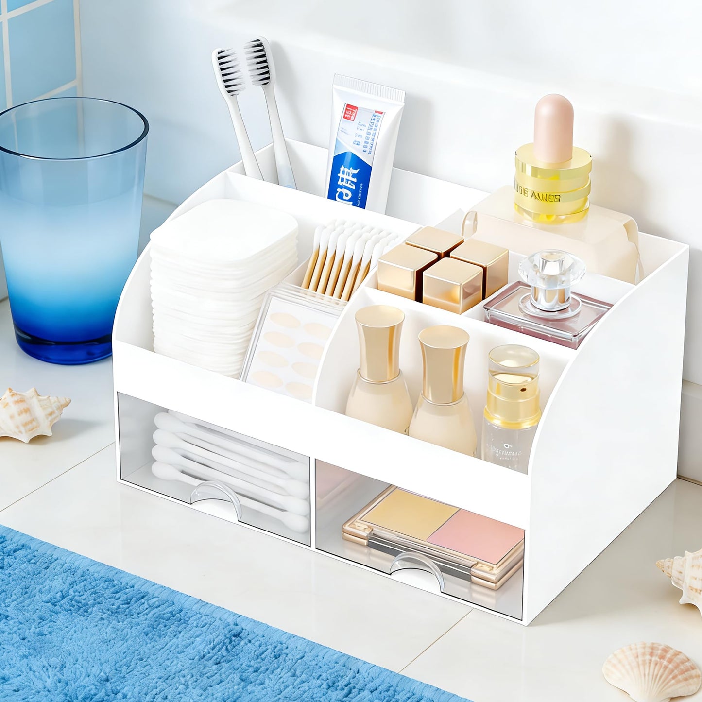 Makeup Organizer with 2 Drawers, Cosmetic Storage for Dresser Vanity and Bathroom Countertop,Make up organization and Skincare Storage with Beauty Brush Holder, Cosmetic Display Case (White)