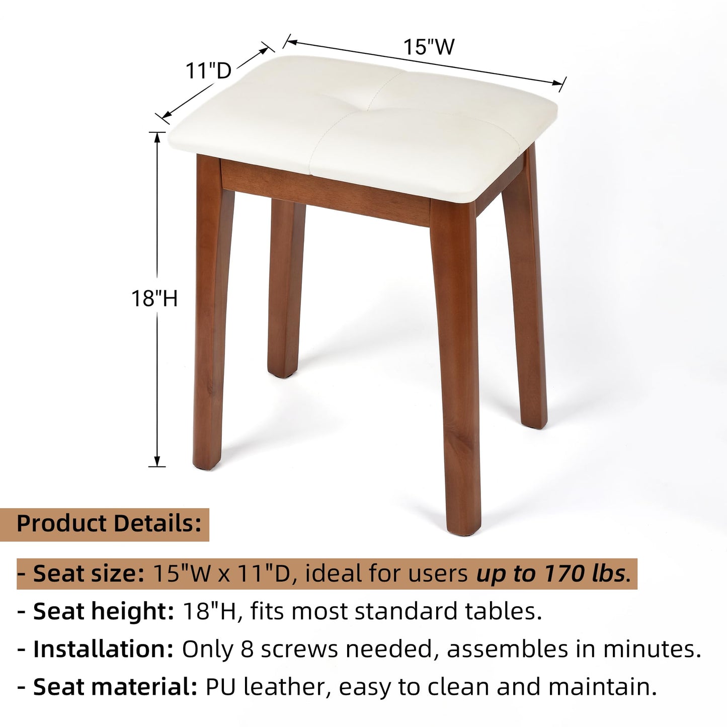 YETEYOW Solid Wood Vanity Stool with Cushion, 11" D x 15" W x 18" H - Small Wooden Ottoman Bench Chair Padded Seat for Bedroom/Living Room/Office/Makeup Vanity/Closet/Desk - Beige White
