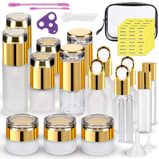 30 Pack TSA Approved Glass Travel Skincare Containers, 1.3/1/0.7/0.3oz Refillable Traveling Size Containers with Pump, Jars & Essential Oil Bottle in Clear Zip Bag, Leak-Proof for Creams & Liquids